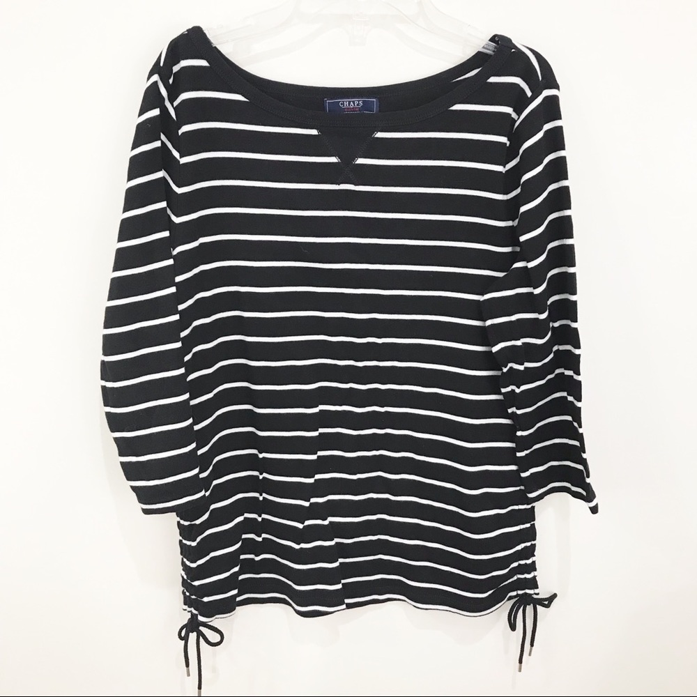 CHAPS Black White Striped Cotton Top with Ruched at hem Size Large
